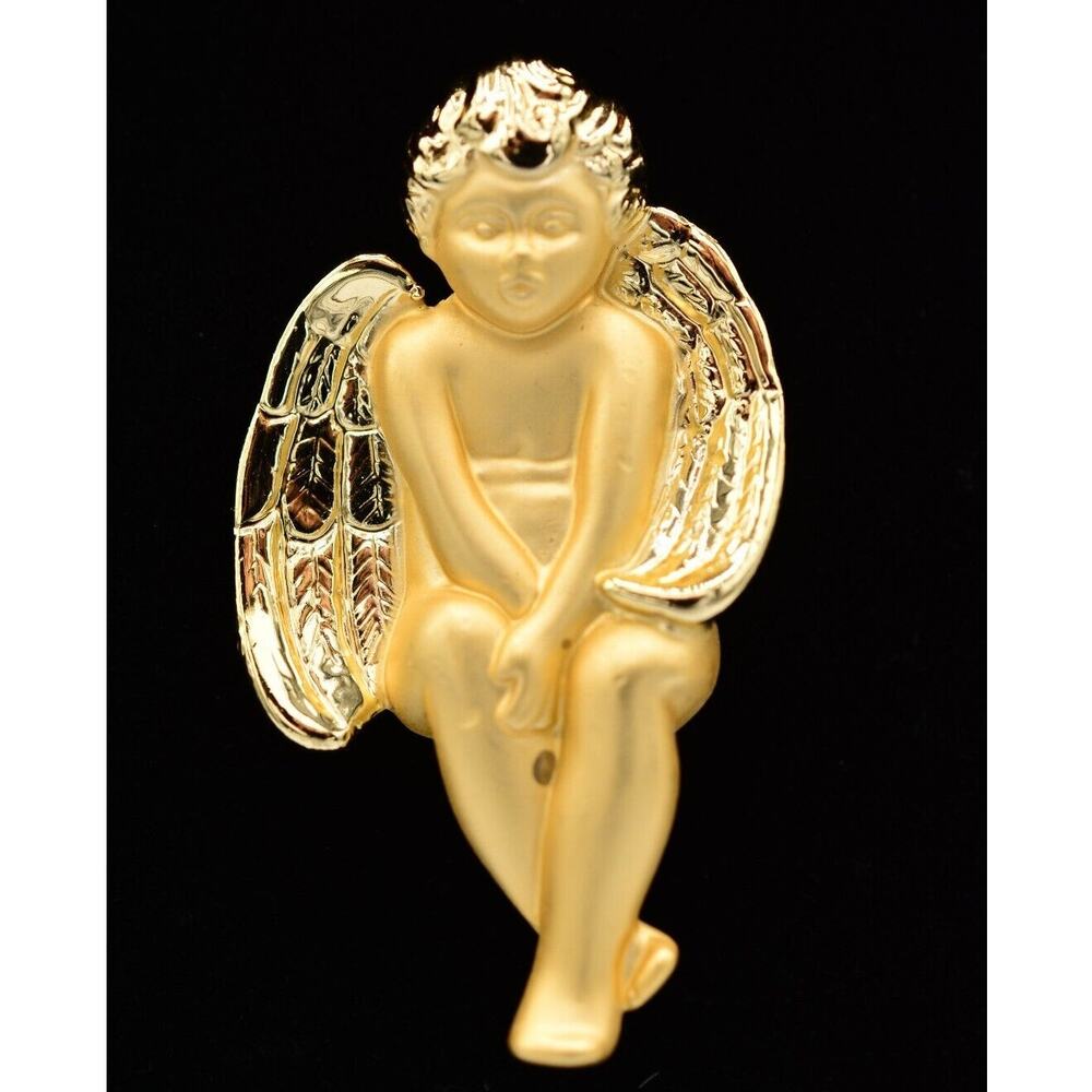 Danecraft Vintage Cherub Angel Pin Brooch Brushed Gold Christmas NOS 80s BinA12